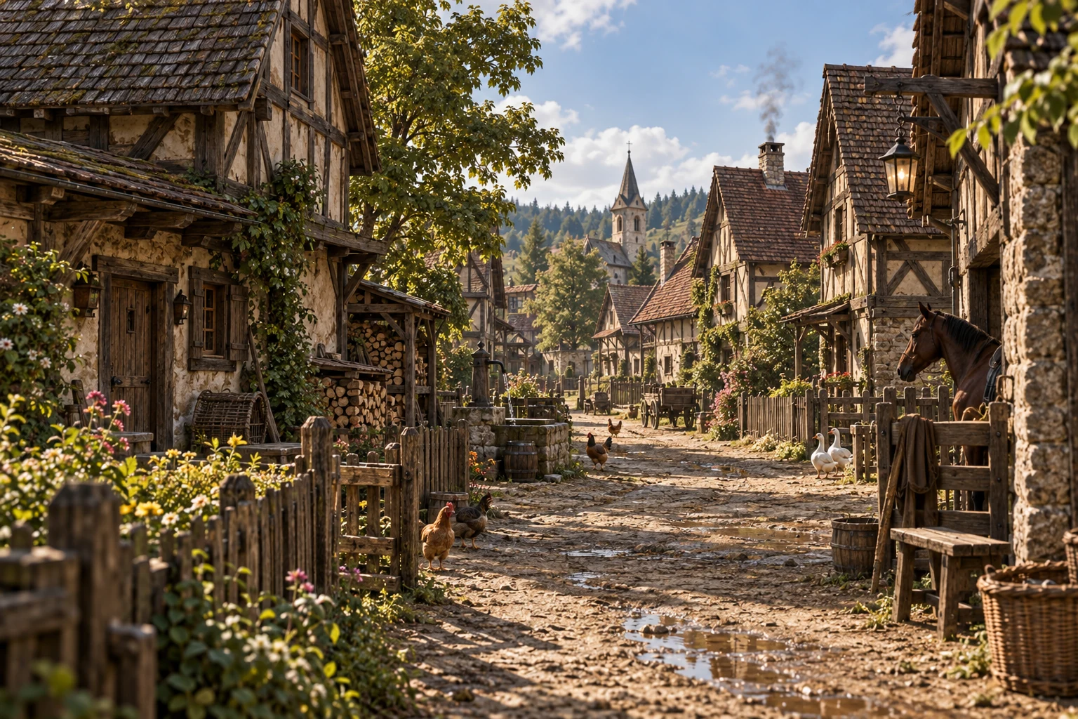 Eine sonnige Dorfstraße zwischen Fachwerkhäusern in Falkenried.