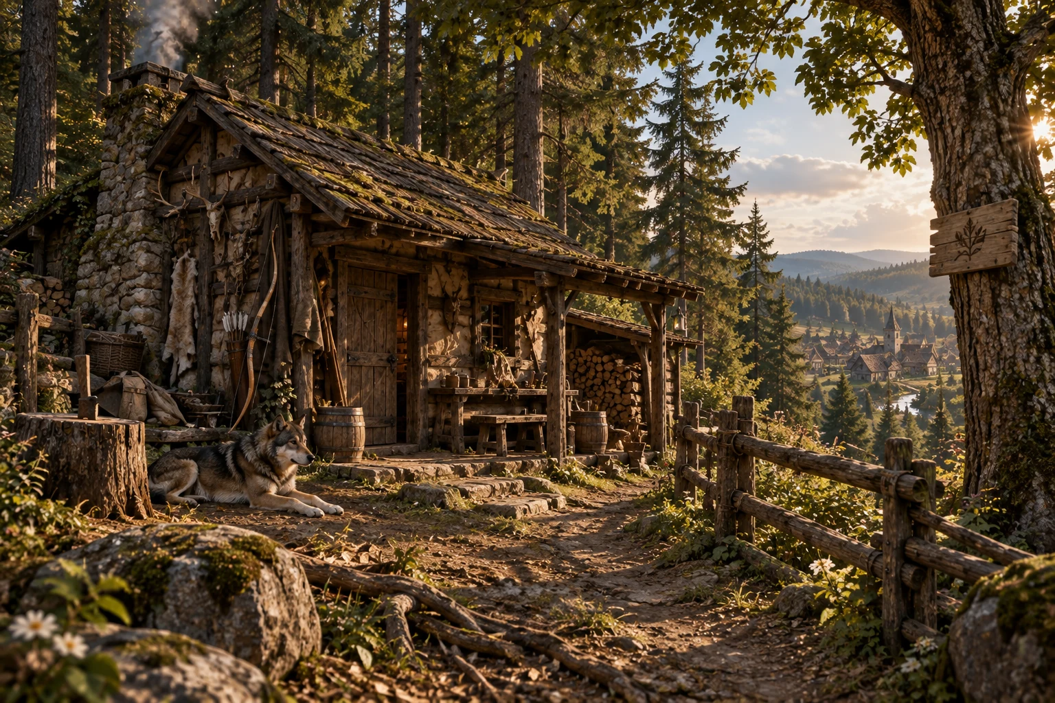 Zomphyrs hölzerne Hütte am Waldrand mit Blick ins Tal.