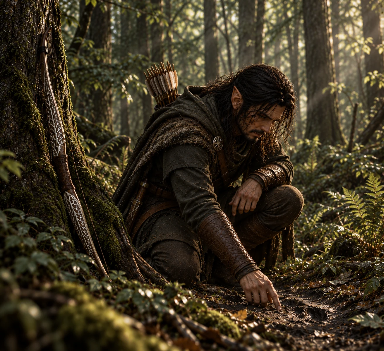 Zomphyr Silberfarn mit seinem Bogen im Wald.